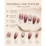 Wine‑Red Ombre French Pearl Rhinestone Long Tapered Coffin Press‑On Nails, Retro Luxury False Nails for Party